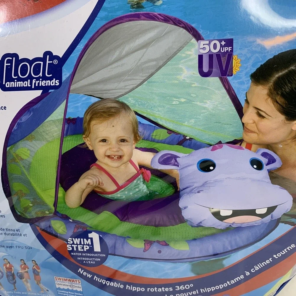 SwimWays Inflatable Baby Spring Pool Float Animal Friends‎ Huggable Hippo Canopy